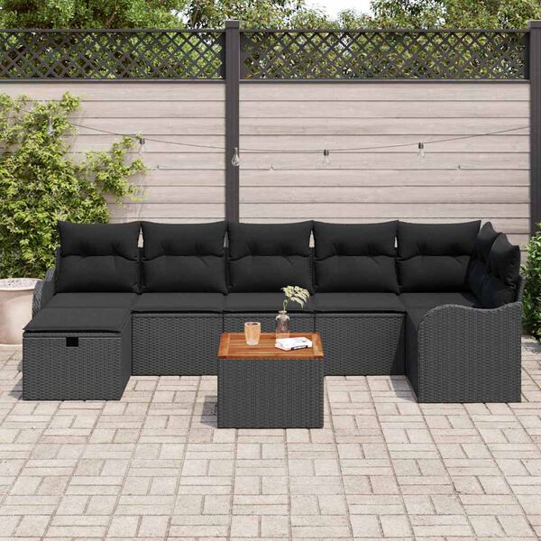 vidaXL Conjunto de sof&aacute;s de jard&iacute;n con coj&iacute;n 8 pcs Negro Polirat&aacute;n