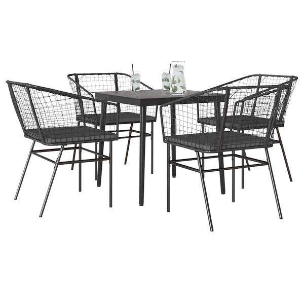 vidaXL Juego de comedor jard&iacute;n 5 piezas cojines rat&aacute;n sint&eacute;tico negro