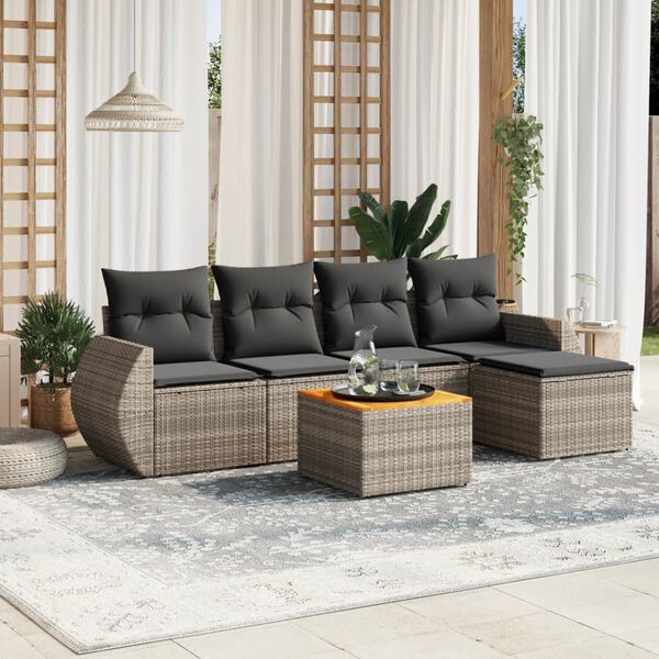 vidaXL Set de muebles de jard&iacute;n 6 pzas y cojines rat&aacute;n sint&eacute;tico gris