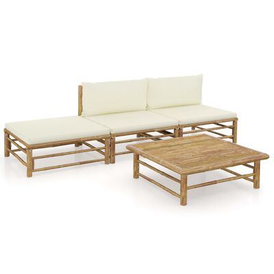 vidaXL Set de muebles de jardín 4 piezas bambú y cojines blanco crema