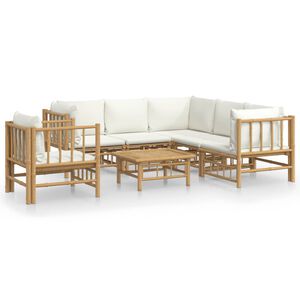 vidaXL Set de muebles de jard&iacute;n 7 piezas bamb&uacute; y cojines blanco crema