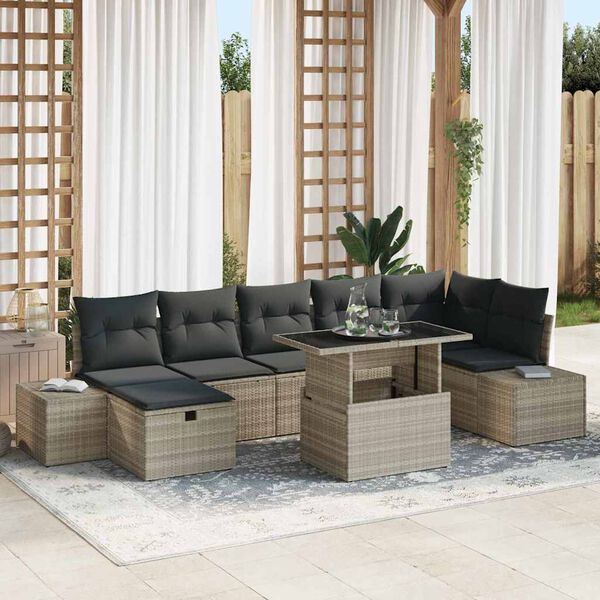 vidaXL Conjunto de sof&aacute; de jard&iacute;n con coj&iacute;n 8 pcs Gris claro Polirat&aacute;n