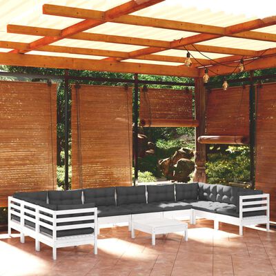 vidaXL Muebles de jardín 11 pzas con cojines blanco madera de pino