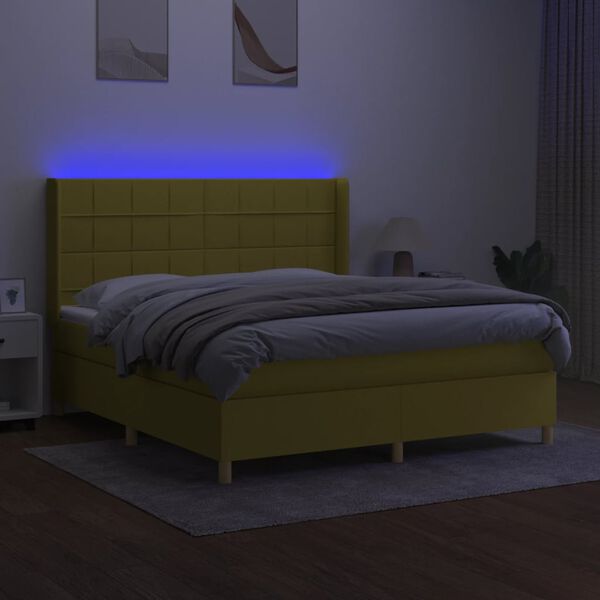 vidaXL Cama box spring colch&oacute;n y luces LED tela verde 160x200 cm
