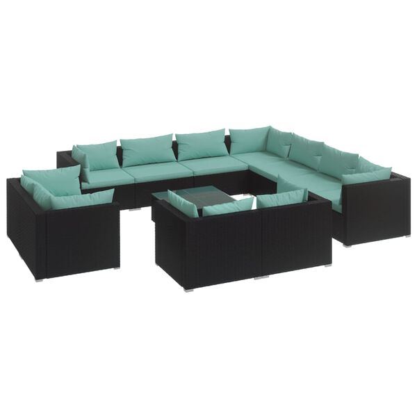 vidaXL Set de muebles de jard&iacute;n 12 pzas cojines rat&aacute;n sint&eacute;tico negro