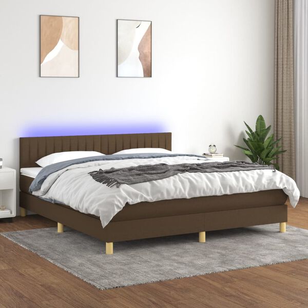 vidaXL Cama box spring con colch&oacute;n LED tela marr&oacute;n oscuro 180x200 cm