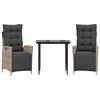 vidaXL Set comedor de jard&iacute;n 3 pzas cojines rat&aacute;n sint&eacute;tico gris claro