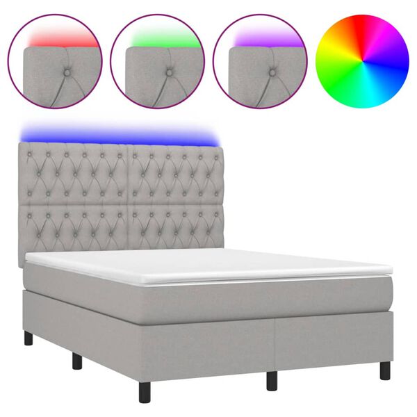 vidaXL Cama box spring colch&oacute;n y luces LED tela gris claro 140x190 cm