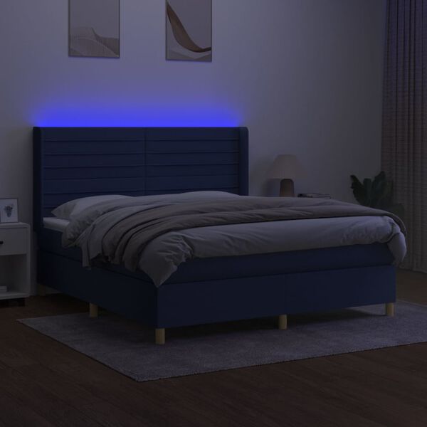 vidaXL Cama box spring colch&oacute;n y luces LED tela azul 180x200 cm