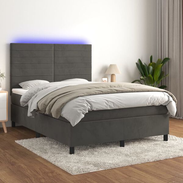 vidaXL Cama box spring colch&oacute;n y LED terciopelo gris oscuro 140x190 cm