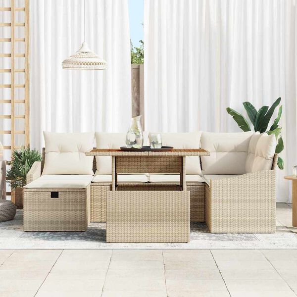 vidaXL Conjunto de sof&aacute; de jard&iacute;n con coj&iacute;n 7 pcs Beige Polirat&aacute;n