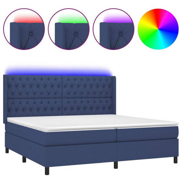 vidaXL Cama box spring colch&oacute;n y luces LED tela azul 200x200 cm
