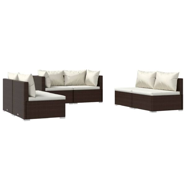 vidaXL Set muebles de jard&iacute;n 6 piezas y cojines rat&aacute;n sint&eacute;tico marr&oacute;n