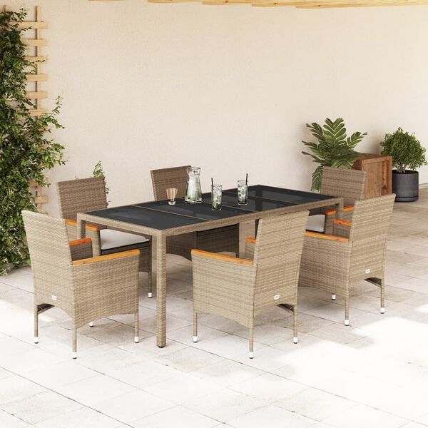 vidaXL Set comedor jard&iacute;n 7 pzas cojines rat&aacute;n sint&eacute;tico vidrio beige