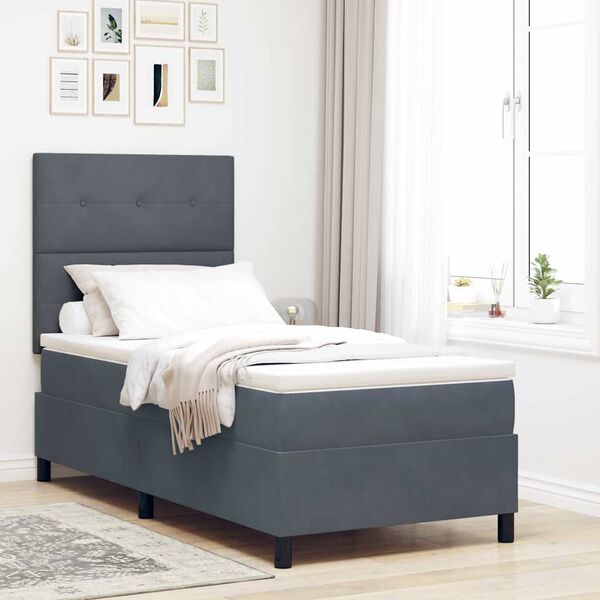 vidaXL Cama Box Spring LED con colch&oacute;n Gris oscuro 90 x 200 cm tela