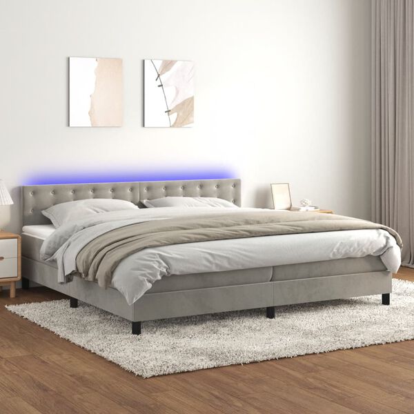 vidaXL Cama box spring colch&oacute;n y LED terciopelo gris claro 200x200 cm