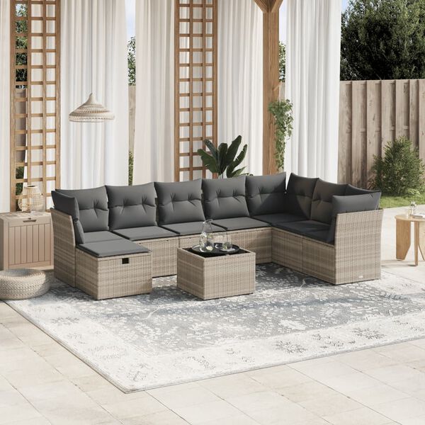 vidaXL Set muebles jard&iacute;n 9 pzas y cojines rat&aacute;n sint&eacute;tico gris claro
