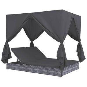 vidaXL Tumbona cama con cortinas de rat&aacute;n sint&eacute;tico gris