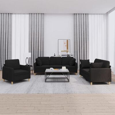 vidaXL Juego de sofás con cojines 3 piezas tela negro