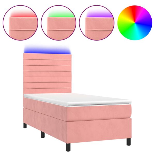 vidaXL Cama box spring colch&oacute;n y LED terciopelo rosa 80x200 cm