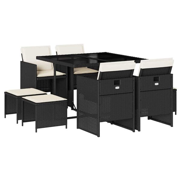 vidaXL Set de comedor de jard&iacute;n 9 pzas y cojines rat&aacute;n sint&eacute;tico negro