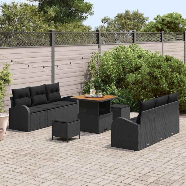 vidaXL Conjunto de sofá de jardín con cojín 9 pcs Negro Poliratán