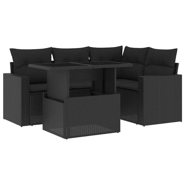 vidaXL Set de muebles de jard&iacute;n 5 pzas y cojines rat&aacute;n sint&eacute;tico negro