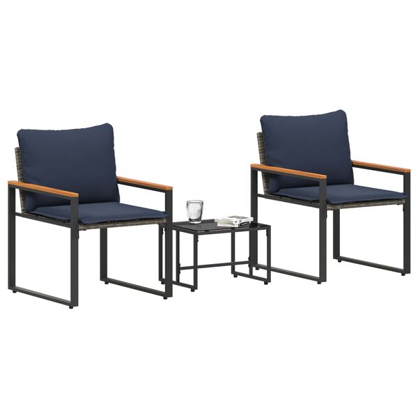 vidaXL Juegos de muebles con coj&iacute;n 3 pcs Gris y azul marino Rat&aacute;n