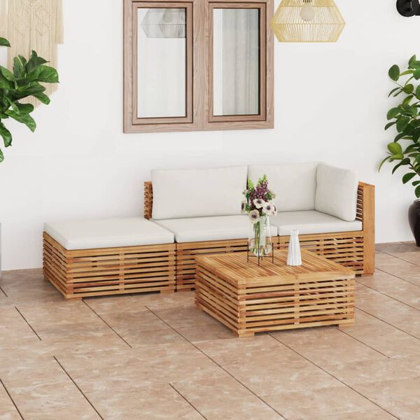 vidaXL Muebles de jard&iacute;n 4 piezas madera maciza teca con cojines crema