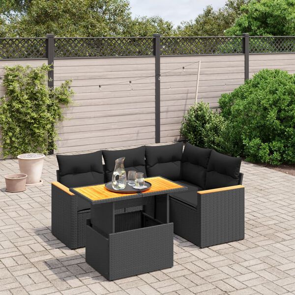 vidaXL Set de muebles de jard&iacute;n 5 pzas y cojines rat&aacute;n sint&eacute;tico negro