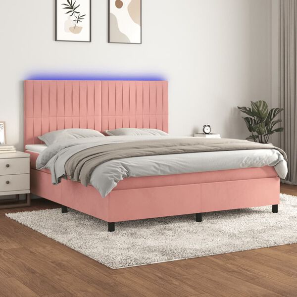vidaXL Cama box spring colch&oacute;n y LED terciopelo rosa 160x200 cm
