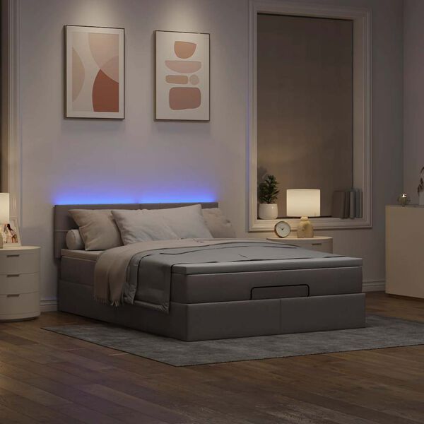 vidaXL Cama otomana con colch&oacute;n y luces LED gris topo 140x200 cm Tela
