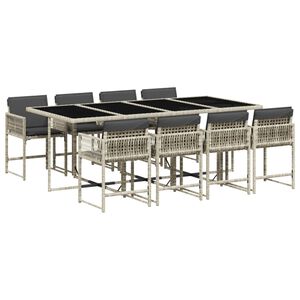 vidaXL Set comedor de jard&iacute;n 9 pzas cojines rat&aacute;n sint&eacute;tico gris claro