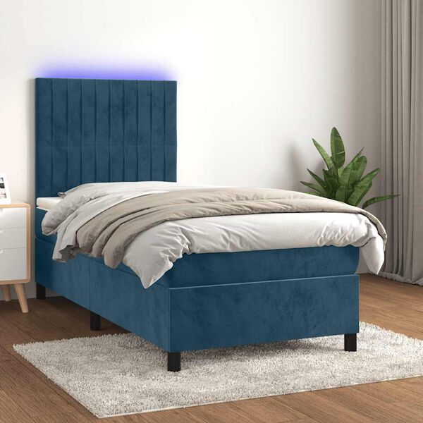 vidaXL Cama box spring colch&oacute;n y LED terciopelo azul oscuro 90x200 cm