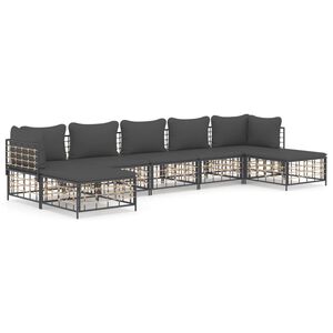 vidaXL Set muebles de jard&iacute;n 7 pzas y cojines rat&aacute;n PE gris antracita