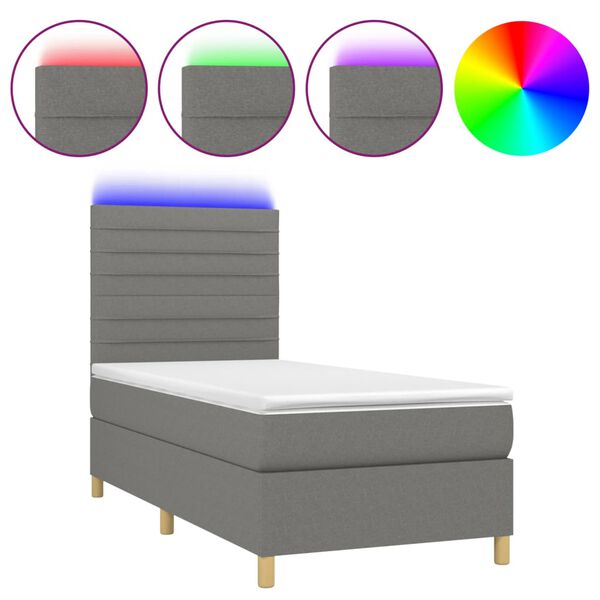 vidaXL Cama box spring colch&oacute;n y luces LED tela gris oscuro 90x190 cm