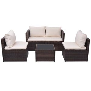vidaXL Set muebles de jard&iacute;n 5 piezas y cojines rat&aacute;n sint&eacute;tico marr&oacute;n
