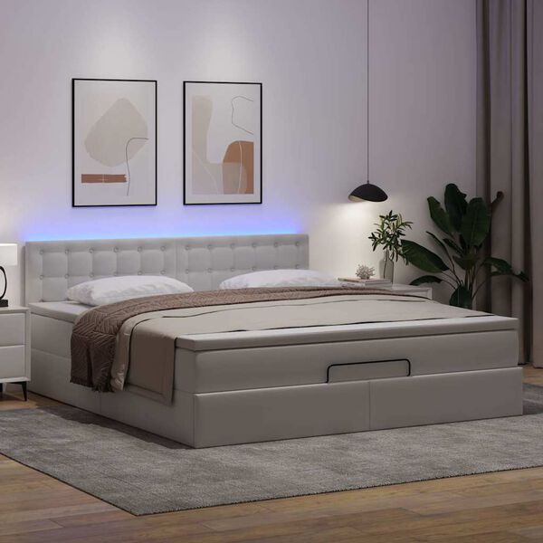 vidaXL Cama otomana colch&oacute;n&LED cuero sint&eacute;tico blanco puro 160x200cm