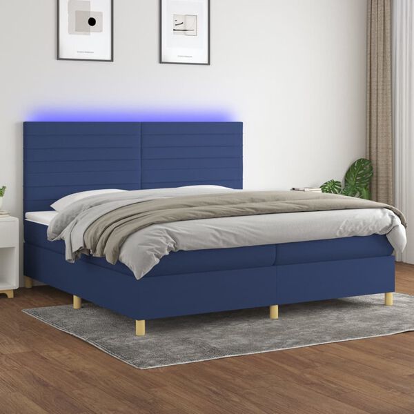 vidaXL Cama box spring colch&oacute;n y luces LED tela azul 200x200 cm