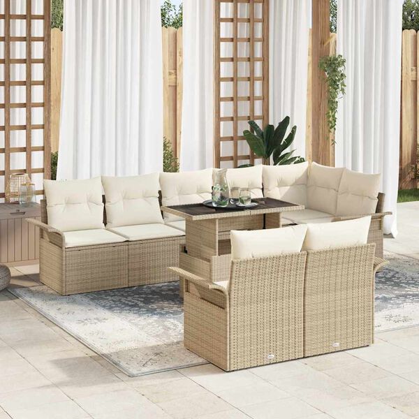 vidaXL Conjunto de sof&aacute; de jard&iacute;n con coj&iacute;n 9 pcs Beige Polirat&aacute;n