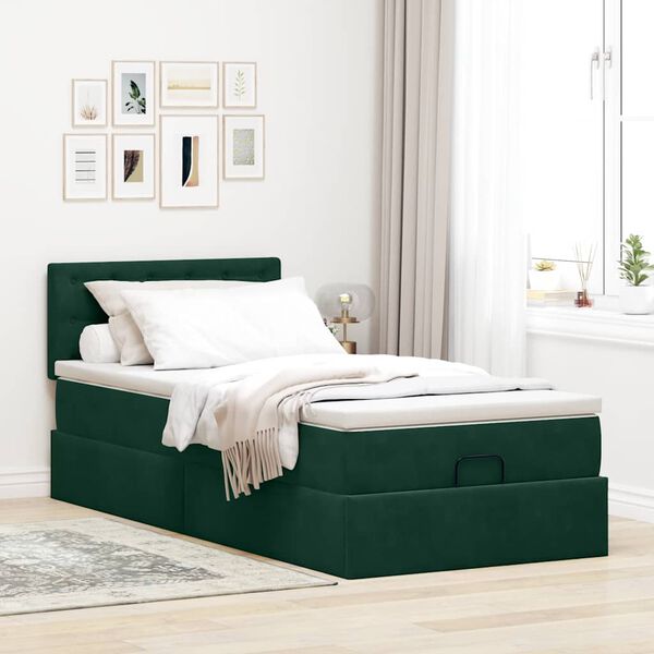 vidaXL Estructura de cama otomana con colch&oacute;n terciopelo verde oscuro