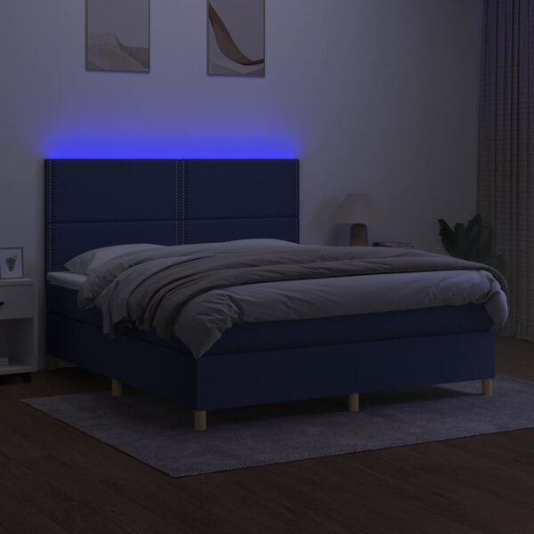 vidaXL Cama box spring colch&oacute;n y luces LED tela azul 180x200 cm