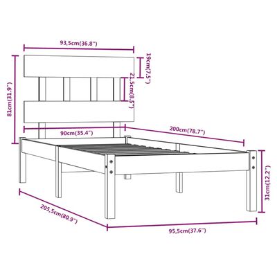vidaXL Estructura de cama individual madera maciza 90x200 cm