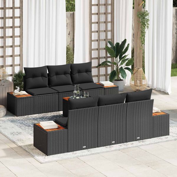 vidaXL Conjunto de sof&aacute; de jard&iacute;n con coj&iacute;n 7 pcs Negro Polirat&aacute;n