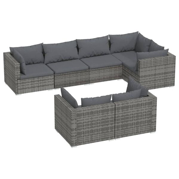 vidaXL Set de muebles de jard&iacute;n 7 pzas y cojines rat&aacute;n sint&eacute;tico gris