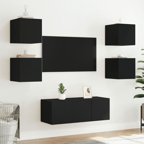 vidaXL Muebles de TV de pared con LED 6 pzas madera ingenier&iacute;a negro