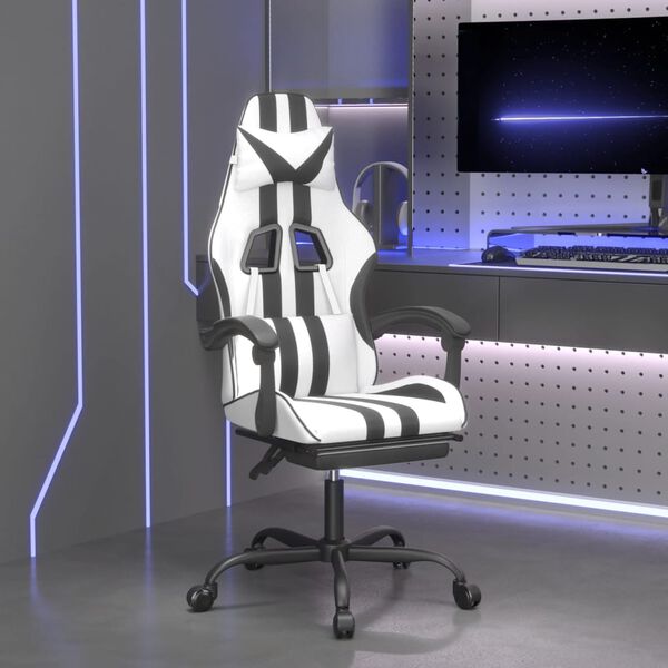 vidaXL Silla gaming giratoria reposapi&eacute;s cuero sint&eacute;tico blanco negro