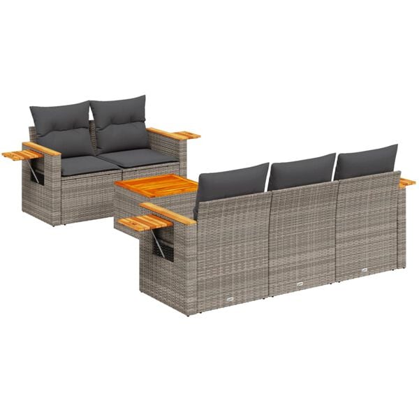 vidaXL Set de muebles de jard&iacute;n 6 pzas y cojines rat&aacute;n sint&eacute;tico gris