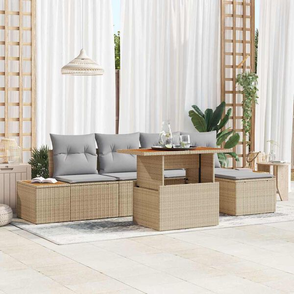 vidaXL Conjunto de sof&aacute; de jard&iacute;n 6 pcs Beige Polirat&aacute;n