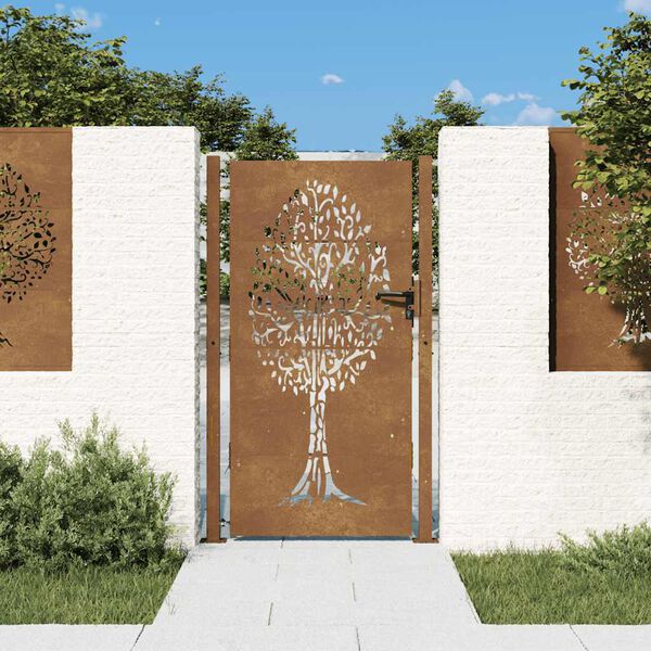 vidaXL Puerta de jard&iacute;n 100x175 cm de acero corten con dise&ntilde;o de &aacute;rbol
